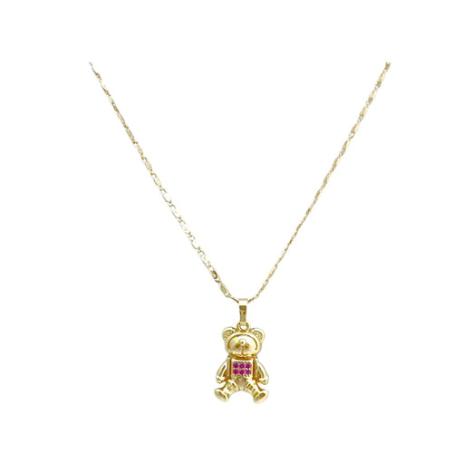 Bear pink crystals square pendant gold-filled chain necklace chains