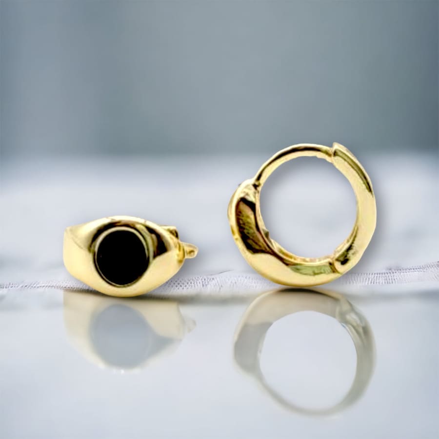 Black dot and gold small huggies earrings gold-filled
