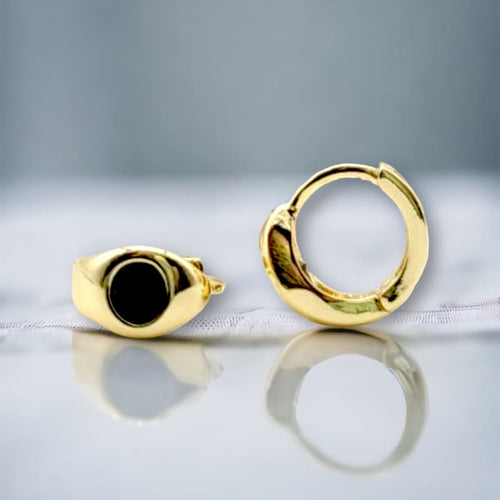 Black dot and gold small huggies earrings gold-filled earrings