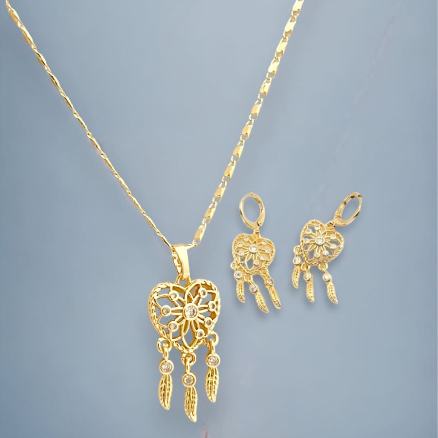 Dream catcher heart set earrings necklace in 18k gold filled