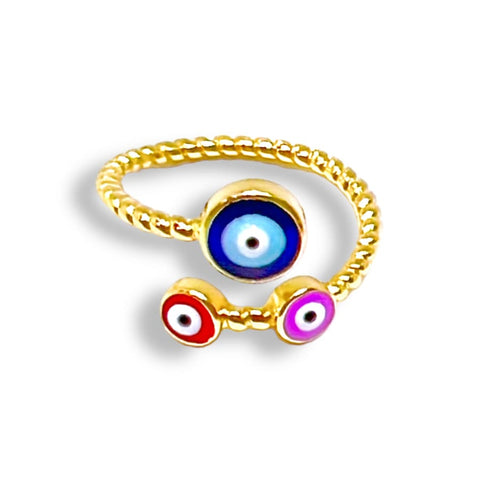Evil eye crystal end open size ring in 18k of gold plated