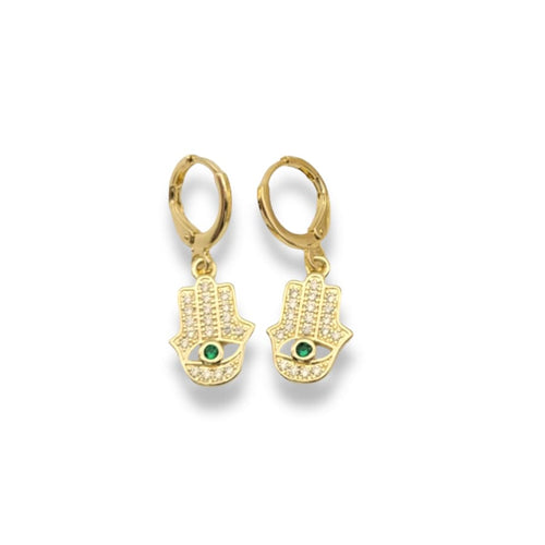 Hamsa hands green and white stones drop earrings in 18k of gold plated earrings