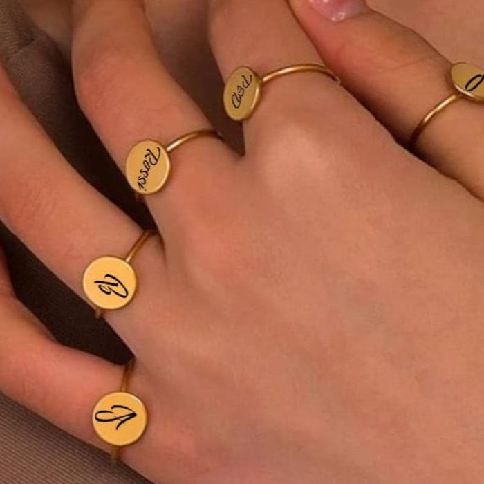 Personalized round flat top stainless steel open size ring custom engraved / gold rings