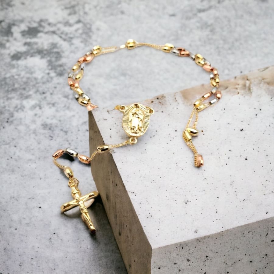 Virgin oval shape beads three colors gold plated rosary necklace