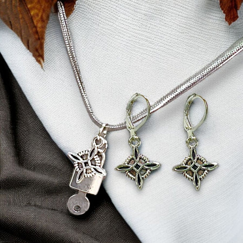 Witch knot celtic star with lock key pendant silver plated necklace earrings set necklace set