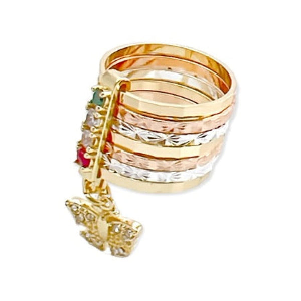 CZ Butterfly Charm Tri Color Semanario Ring in 18K Gold 8