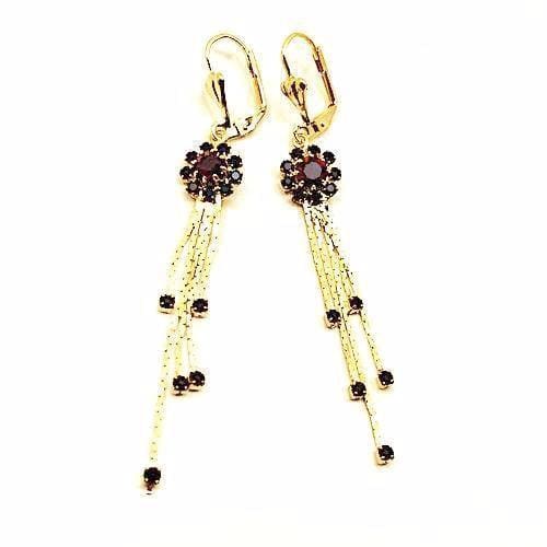 Cz red flower dangle 18kts gold plated earrings