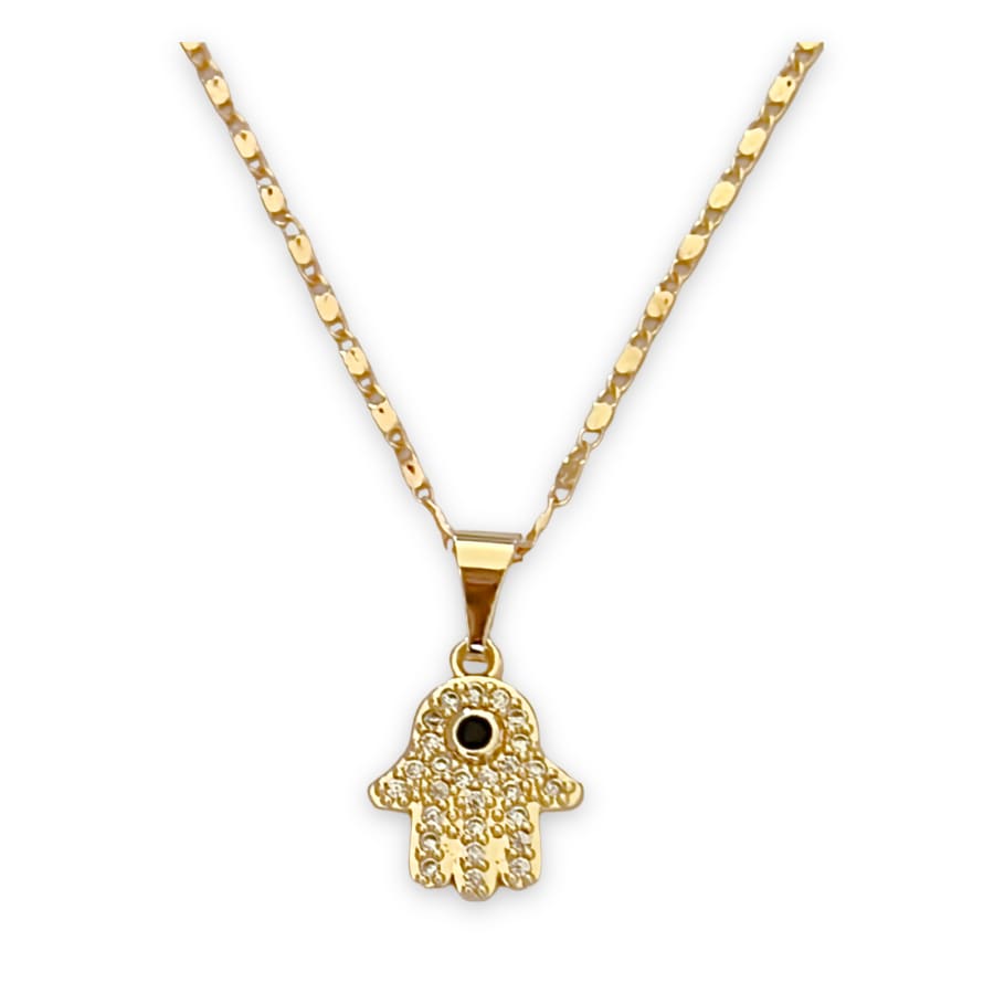 Dainty hamsa hands black stone center 18k of gold plated chain necklace