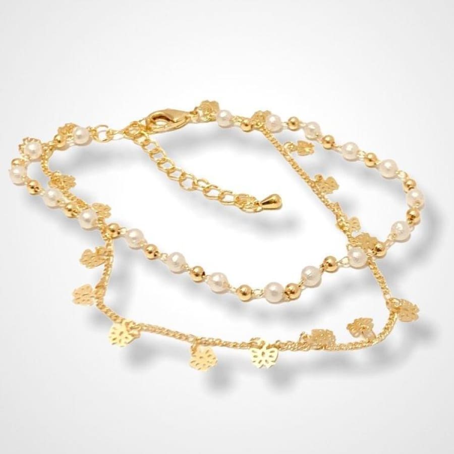 Double chains butterflies and pearls charm anklet 18k of gold plated