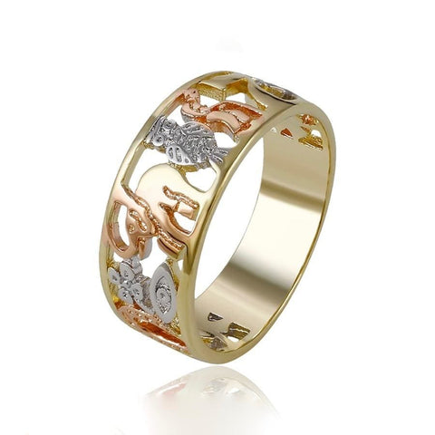 Cz hamsa hand charm tri-color semanario ring in 18k gold plated