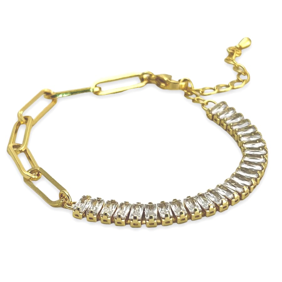 Half baguette stones half paperclip bracelet in 18kts gold plated
