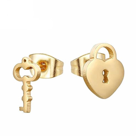 Heart curb threader backs post studs earrings in solid gold