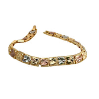 Heart squares diamond cut morocco tri - color 18k of gold plated bracelet 7.5’’ bracelets