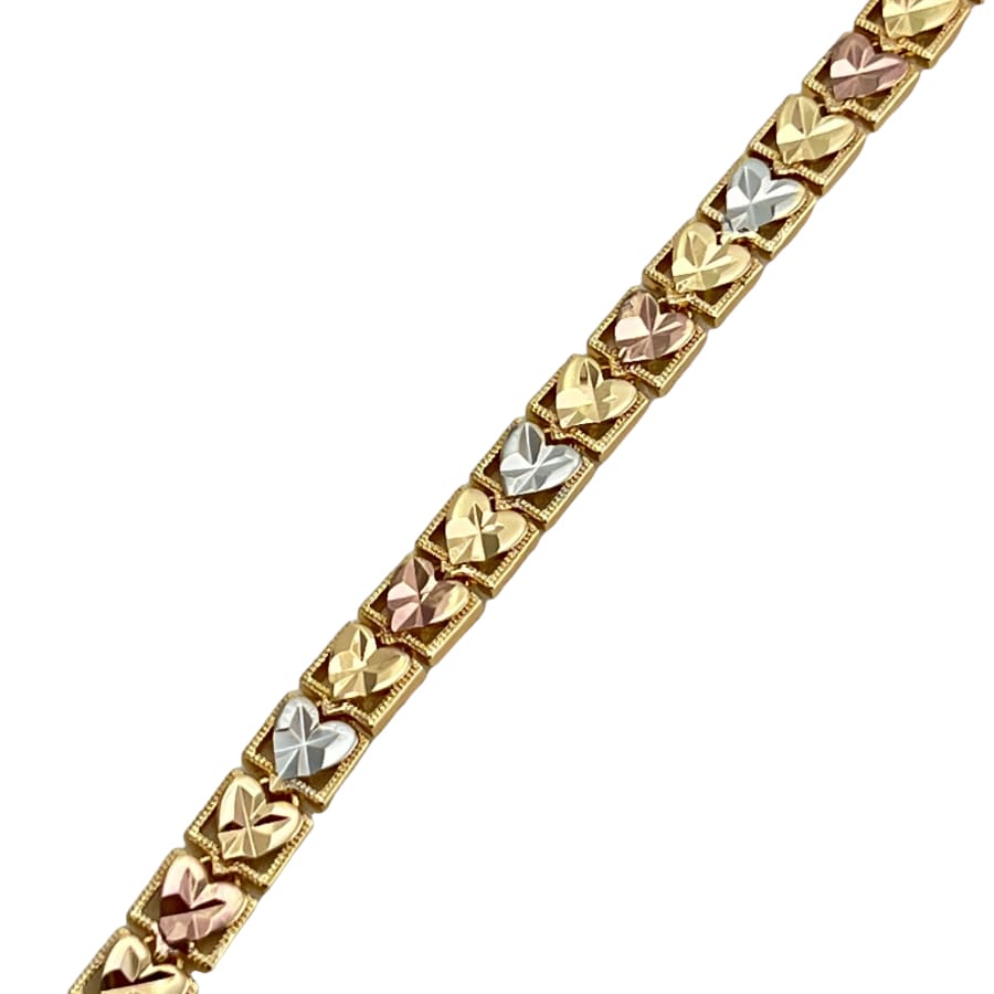 Heart squares diamond cut morocco tri - color 18k of gold plated bracelet 7.5’’ bracelets