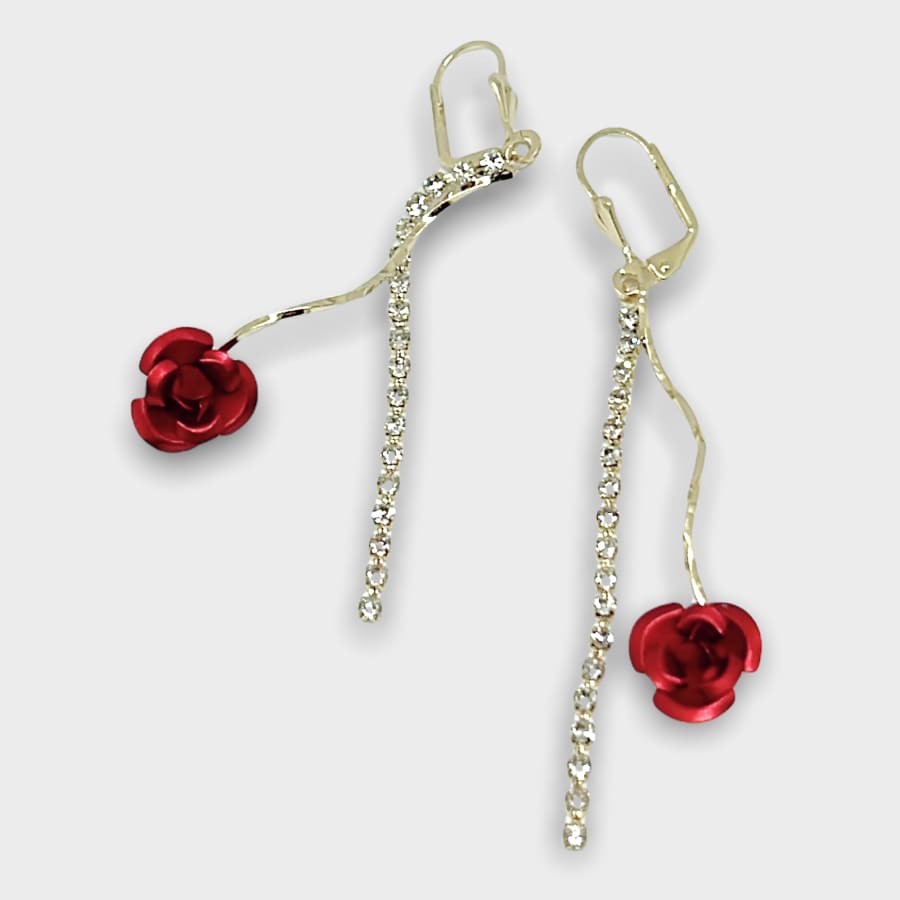 Red rose cz thread lever back earrings 18kts of gold plated