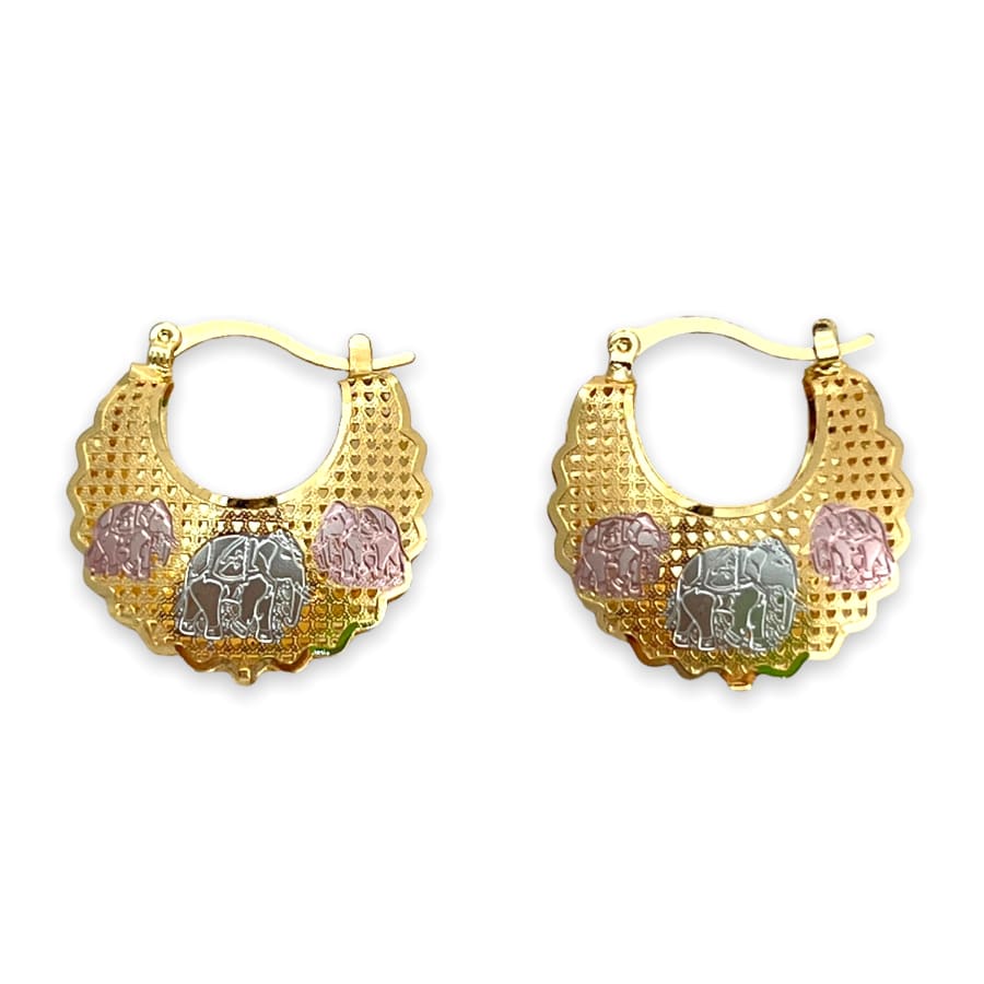 Three elephants filigree hollow tri-color hoops earrings in 18k of gold plated earrings