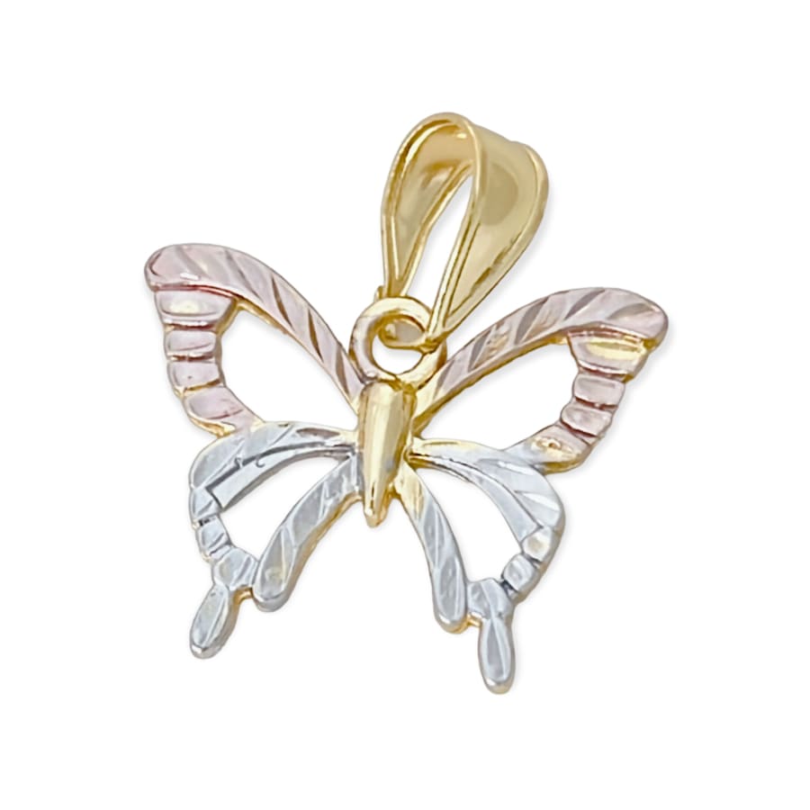 Three tones diamond cut butterfly pendant in 18k of gold layering