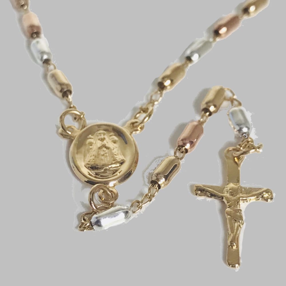 Tri color virgin milagrosa 4mm oval beads rosary 18kts of gold plated 20 rosaries