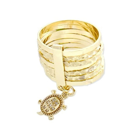 Hamsa hand charm semanario ring in tri- colors of 18k gold plated