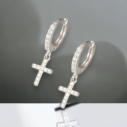 10mm dangle cross cz huggies sterling silver hoops earrings