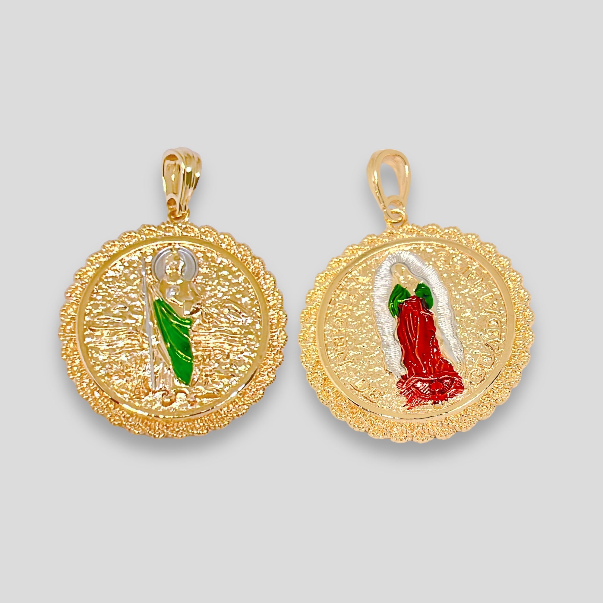 Double sided san judas guadalupe medallion pendant in 18k of gold layering