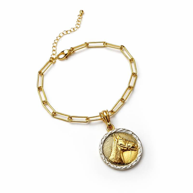 Horse Head Medallion Paper-Clip Bracelet in 18k of gold plated