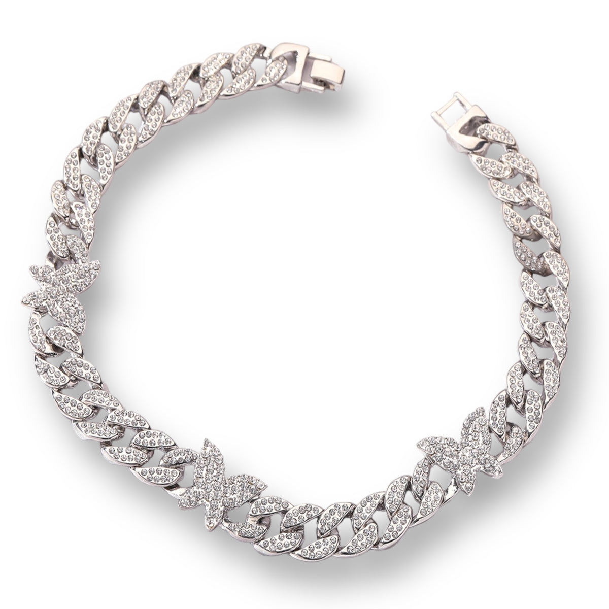 Clear butterfly rhinestones crystals silver plated choker necklace
