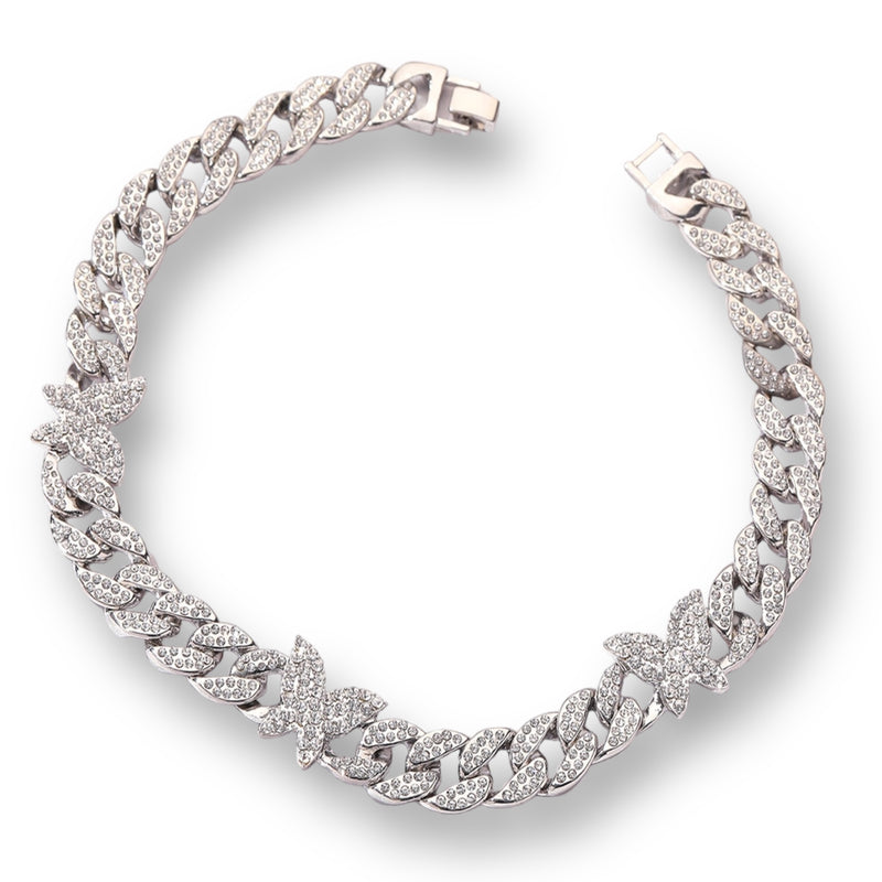 Clear butterfly rhinestones crystals silver plated choker necklace