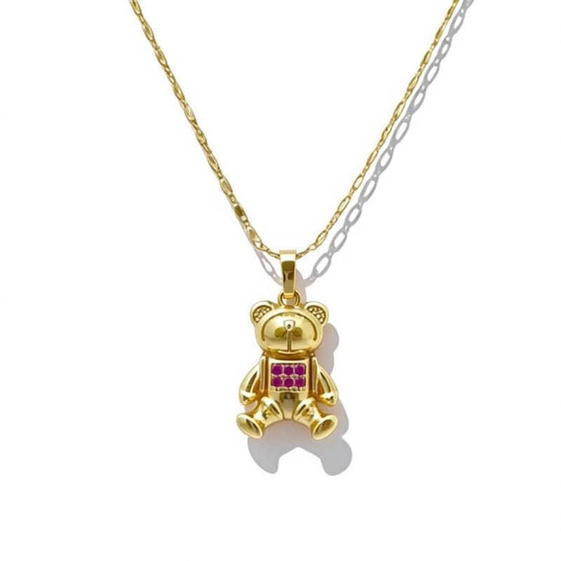 Bear pink crystals square pendant gold-filled chain necklace chains