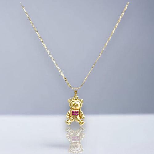 Bear pink square crystals set earrings necklace in 18k gold filled chains