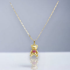 Bear pink square crystals set earrings necklace in 18k gold filled chains