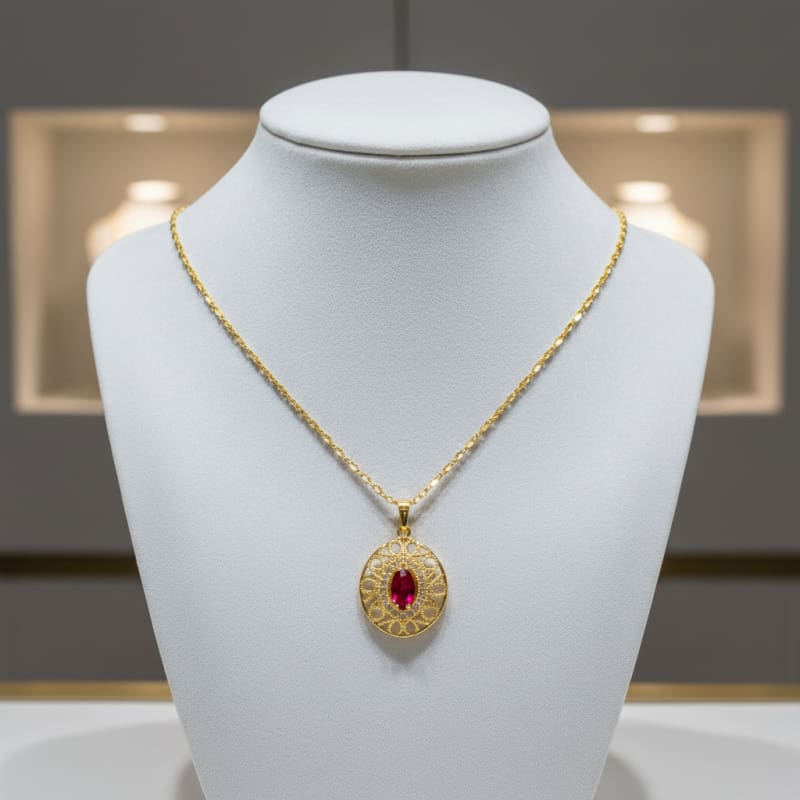 Brenda filigree almond shape red stone cz gold-filled necklace pendant chains