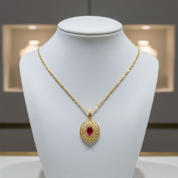 Brenda filigree almond shape red stone cz gold-filled necklace pendant chains