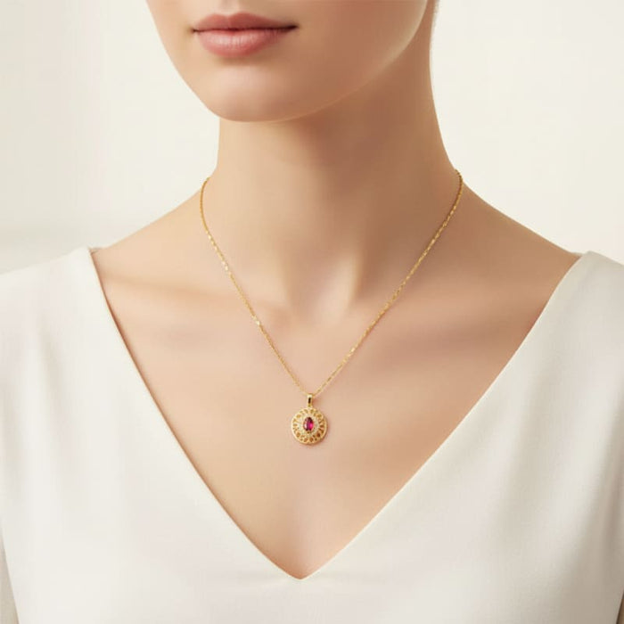 Brenda filigree almond shape red stone cz gold-filled necklace pendant chains