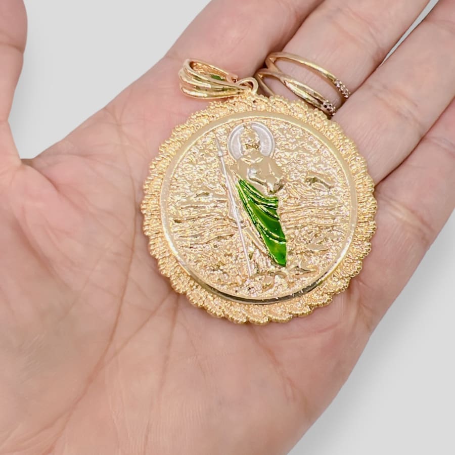 Double sided san judas guadalupe medallion pendant in 18k of gold layering charms & pendants