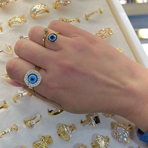 Evil eye crystal end open size ring in 18k of gold plated rings