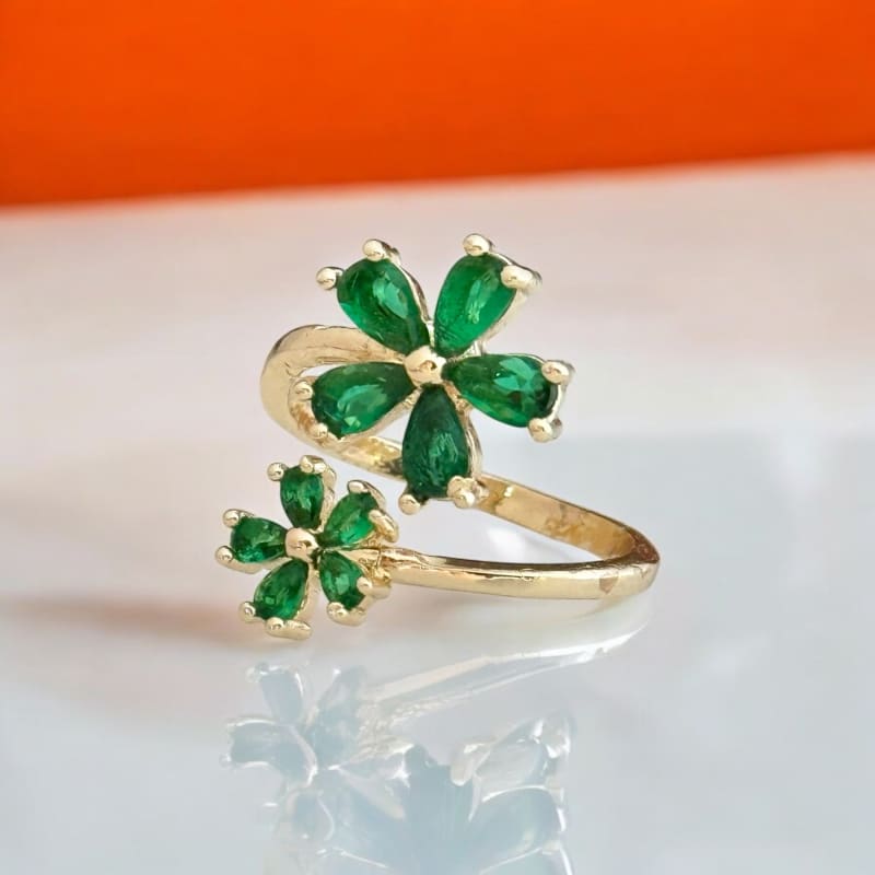 Flor double flower emerald green color stones open size gold plated ring rings