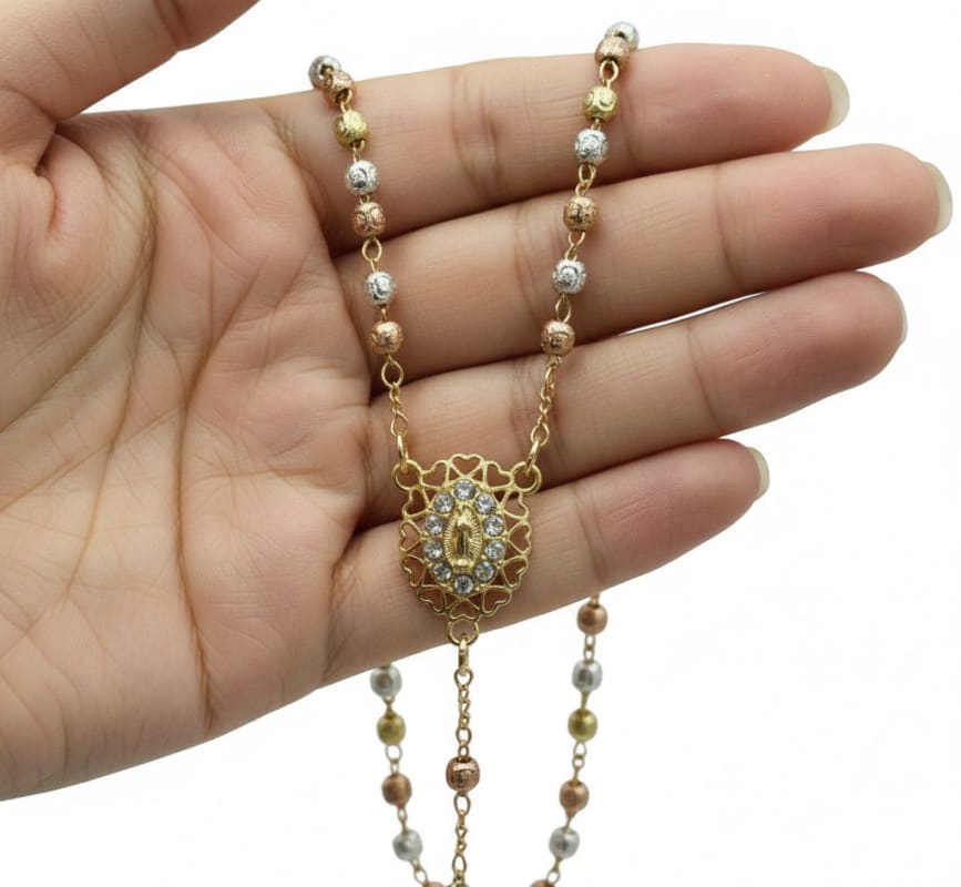 Guadalupe hearts frame cz three-color gold-plated rosary chains