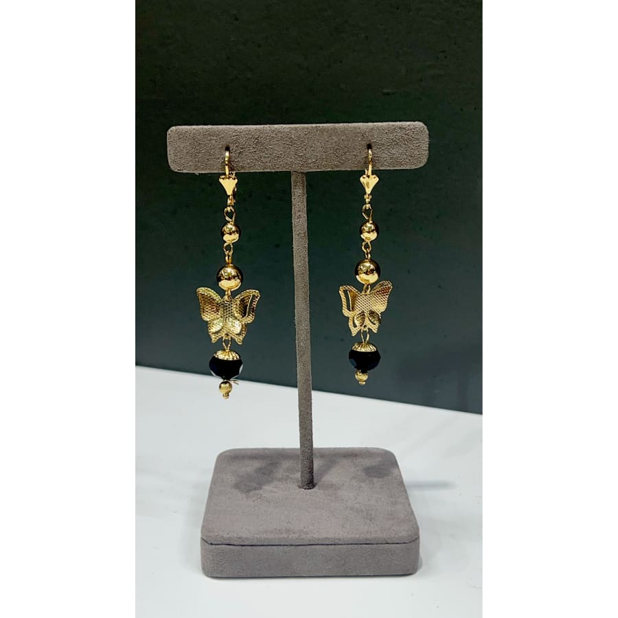 Butterfly black beads dangle lever back 18k of gold plated earrings