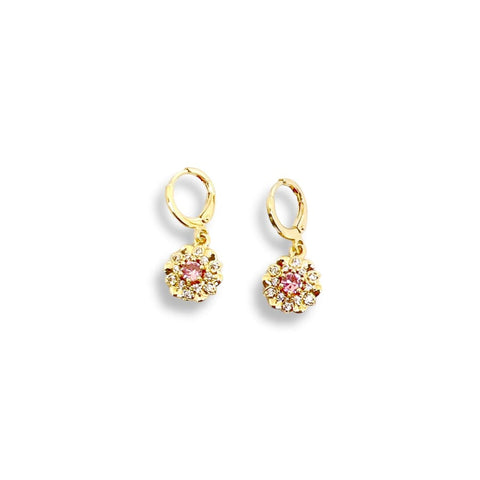 Cz red flower dangle 18kts gold plated earrings