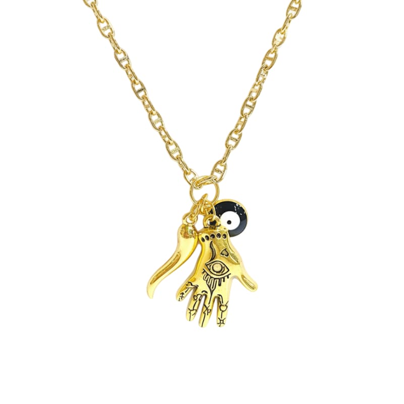 Mística hamsa hand evil eye horn necklace in 14k of gold layered chains
