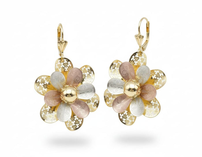 Ondina three colors filigree flower in 18k of gold plated earrings