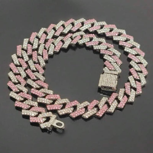 Pink ice rhinestones cuban link chain necklace