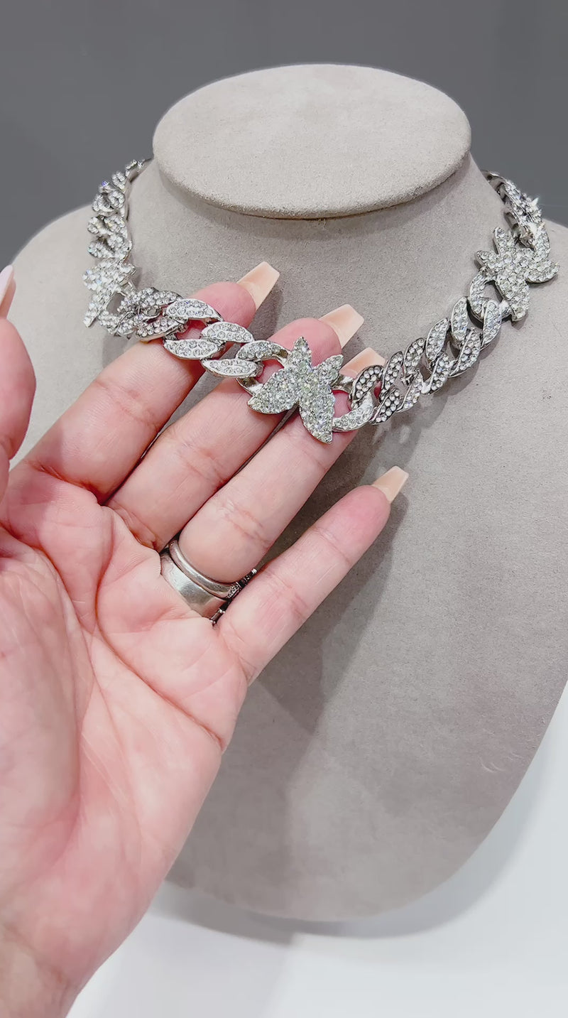 Clear butterfly rhinestones crystals silver plated choker necklace