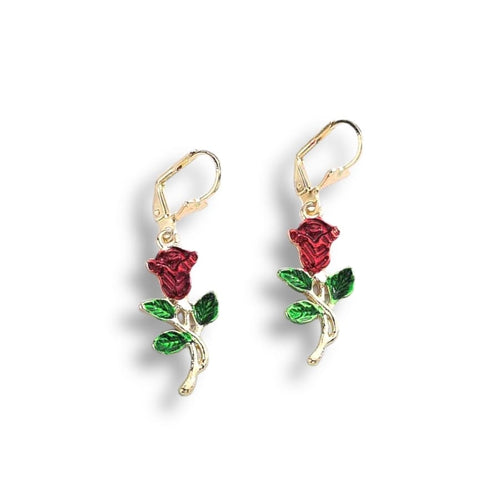 Red rose drop earrings in 18k of gold plated earrings