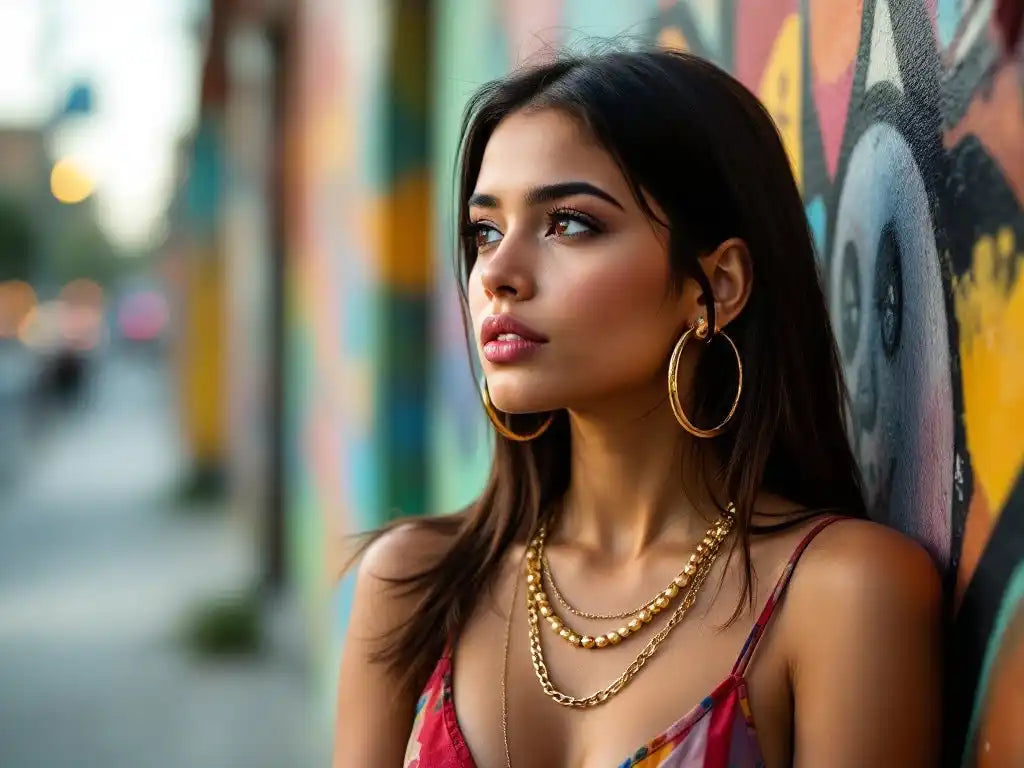 A young woman with dark hair and striking features, adorned with prominent gold hoop earrings and layered gold necklaces, wearing a colorful patterned top.