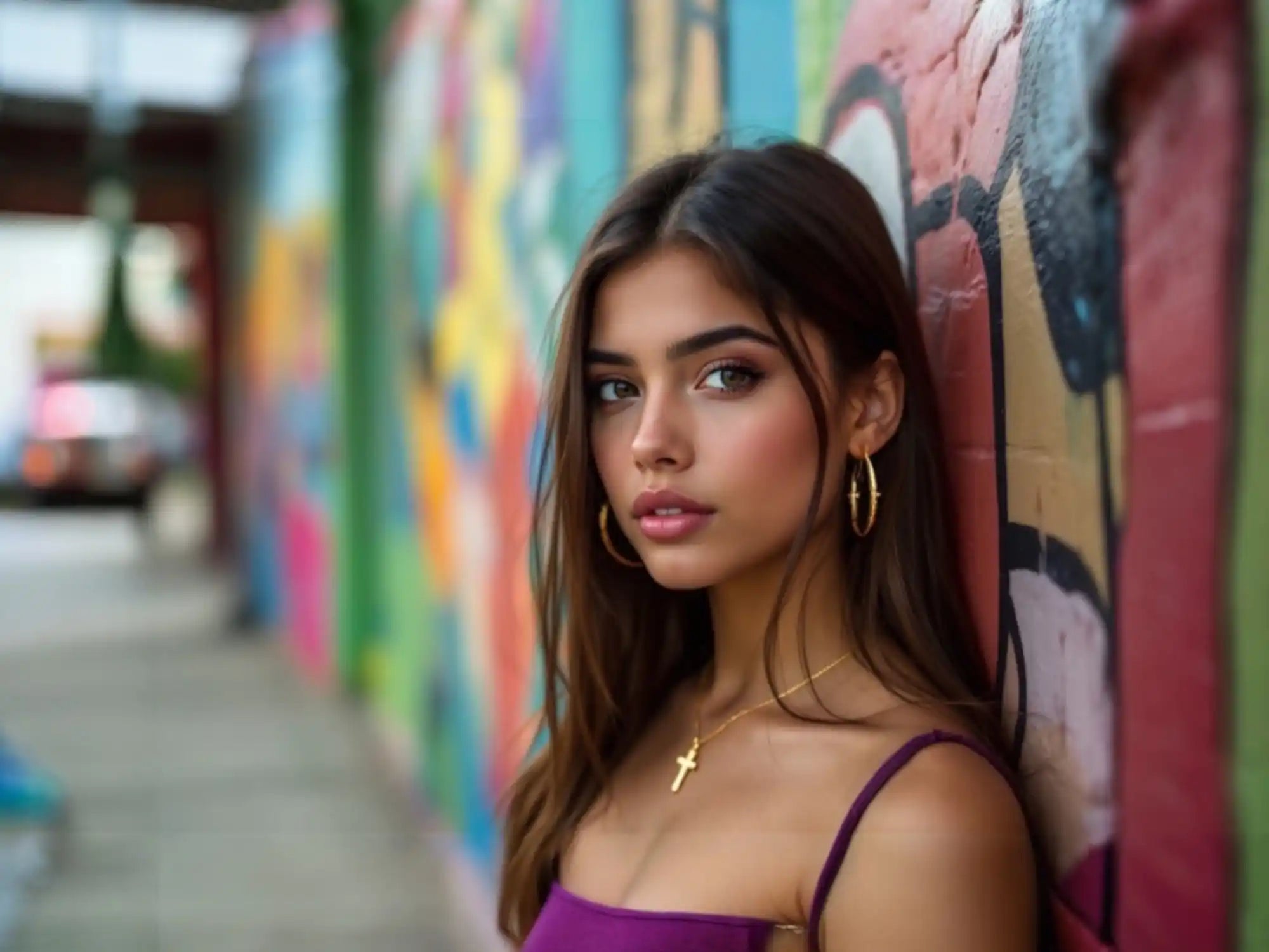 Young woman with long brown hair, wearing a purple top and gold jewelry.