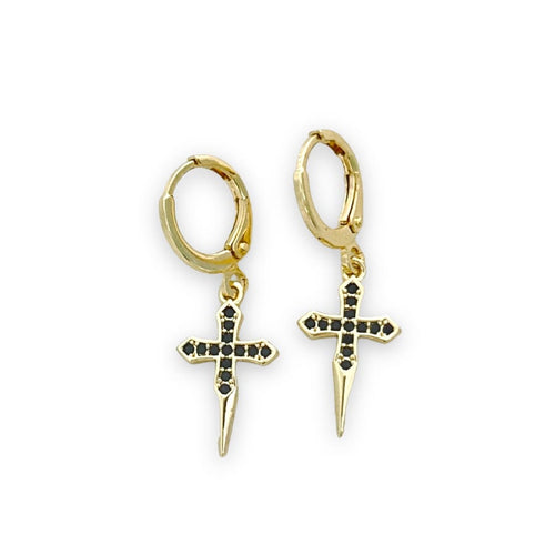 Black cz cross huggies earrings in 18k of gold plated