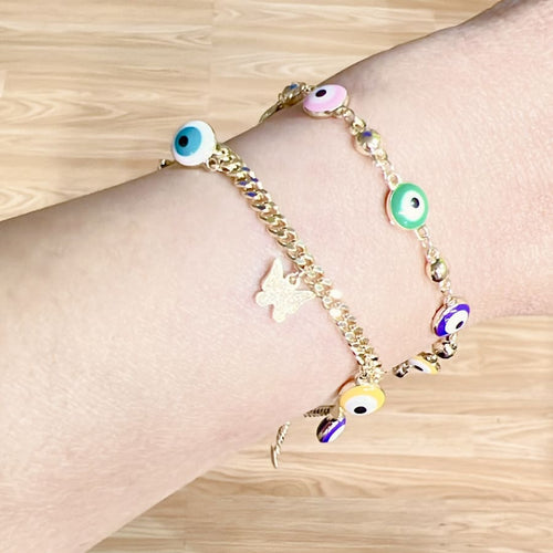 Butterflies charms multicolor evil eye 18kts of gold plated bracelet bracelets