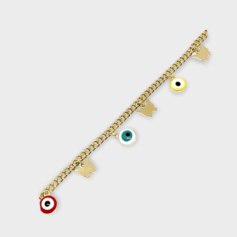 Butterflies charms multicolor evil eye 18kts of gold plated bracelet bracelets
